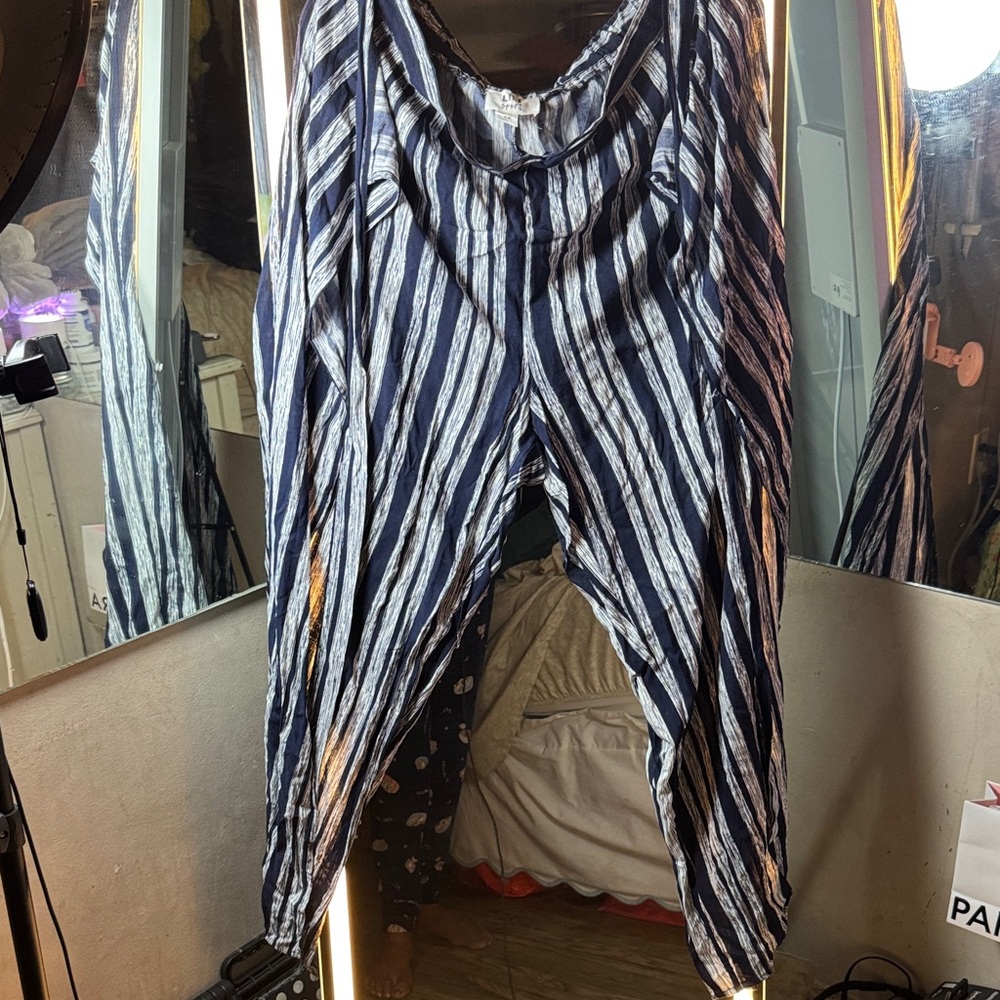 Navy and White Striped Women's Wide Leg Pants